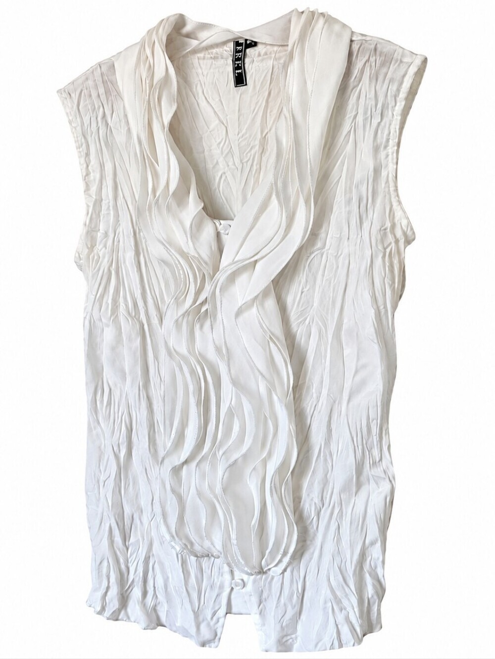 Womens White Ruffle-Front Sleeveless Top